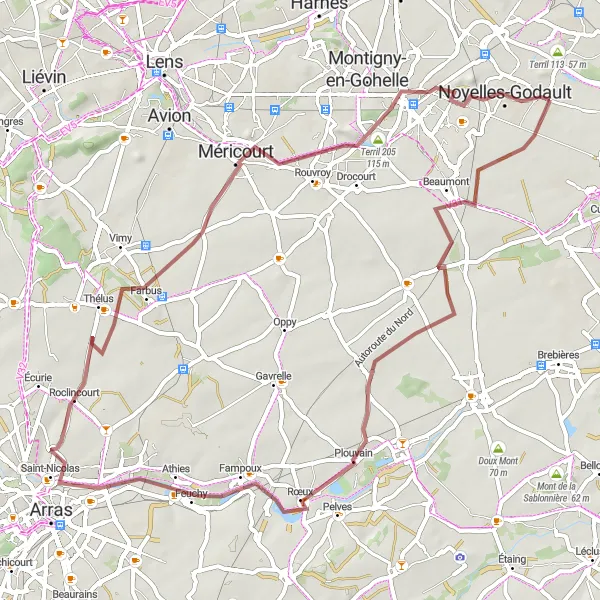 Miniature de la carte de l'inspiration cycliste "Parcours gravel vers Hénin-Beaumont" dans la Nord-Pas de Calais, France. Générée par le planificateur d'itinéraire cycliste Tarmacs.app