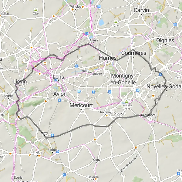 Miniature de la carte de l'inspiration cycliste "Boucle routière par Vimy et Liévin" dans la Nord-Pas de Calais, France. Générée par le planificateur d'itinéraire cycliste Tarmacs.app