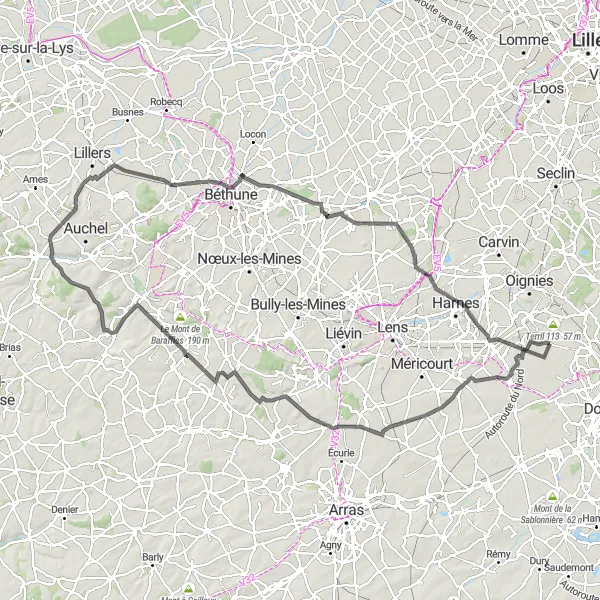 Miniature de la carte de l'inspiration cycliste "Parcours de cyclisme de route autour de Courcelles-lès-Lens" dans la Nord-Pas de Calais, France. Générée par le planificateur d'itinéraire cycliste Tarmacs.app