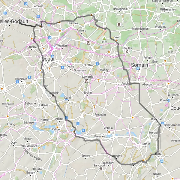 Map miniature of "A scenic road cycling route through Auby, Flines-lez-Raches, Ponton, Iwuy, Aubigny-au-Bac, and Douai" cycling inspiration in Nord-Pas de Calais, France. Generated by Tarmacs.app cycling route planner