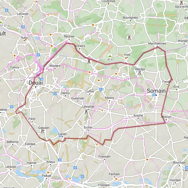 Miniature de la carte de l'inspiration cycliste "Tour Culturel du Nord en Gravel" dans la Nord-Pas de Calais, France. Générée par le planificateur d'itinéraire cycliste Tarmacs.app