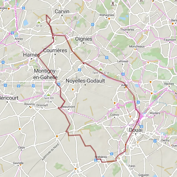 Map miniature of "Courchelettes Gravel Adventure" cycling inspiration in Nord-Pas de Calais, France. Generated by Tarmacs.app cycling route planner