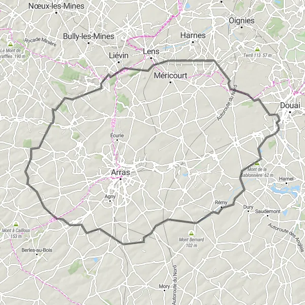 Map miniature of "Courchelettes to Esquerchin Road Route" cycling inspiration in Nord-Pas de Calais, France. Generated by Tarmacs.app cycling route planner