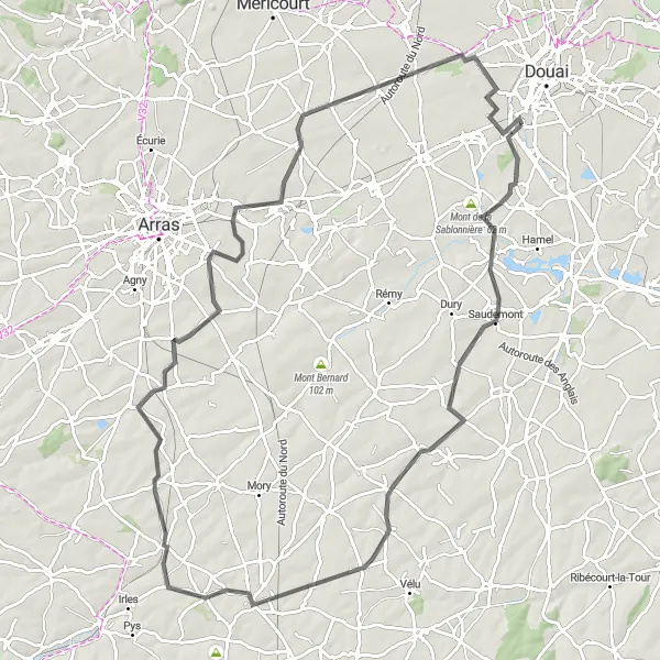 Map miniature of "Courchelettes to Les Quatorze" cycling inspiration in Nord-Pas de Calais, France. Generated by Tarmacs.app cycling route planner