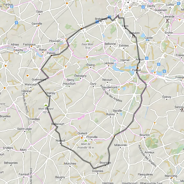Map miniature of "Courchelettes to Brebières Road Route" cycling inspiration in Nord-Pas de Calais, France. Generated by Tarmacs.app cycling route planner