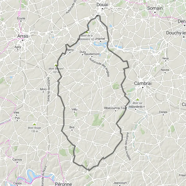 Miniature de la carte de l'inspiration cycliste "Les collines et les vallées" dans la Nord-Pas de Calais, France. Générée par le planificateur d'itinéraire cycliste Tarmacs.app