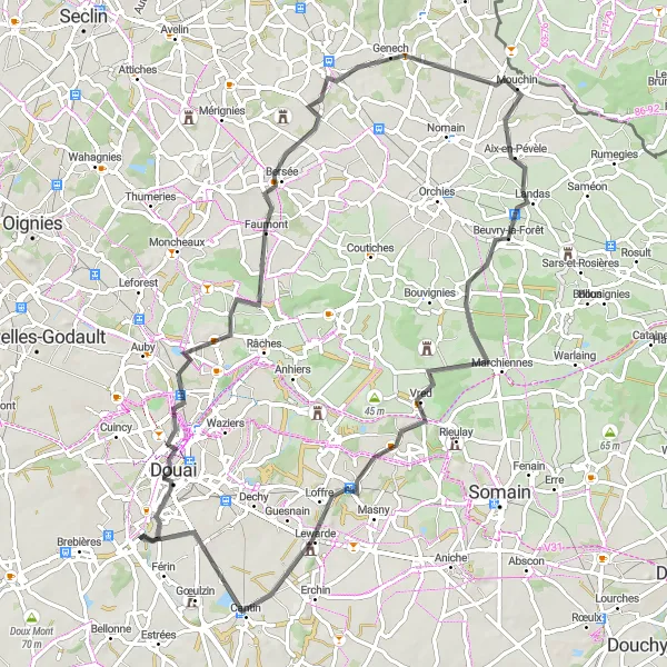 Miniature de la carte de l'inspiration cycliste "Route des Villages du Nord en Road" dans la Nord-Pas de Calais, France. Générée par le planificateur d'itinéraire cycliste Tarmacs.app