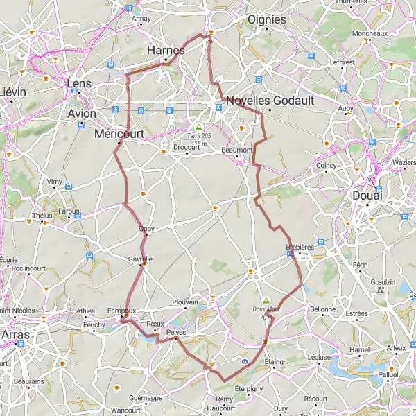 Miniature de la carte de l'inspiration cycliste "Parcours de gravel autour de Courrières" dans la Nord-Pas de Calais, France. Générée par le planificateur d'itinéraire cycliste Tarmacs.app