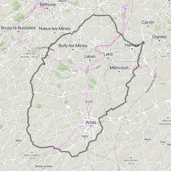 Map miniature of "Road Cycling Experience in Courrières" cycling inspiration in Nord-Pas de Calais, France. Generated by Tarmacs.app cycling route planner