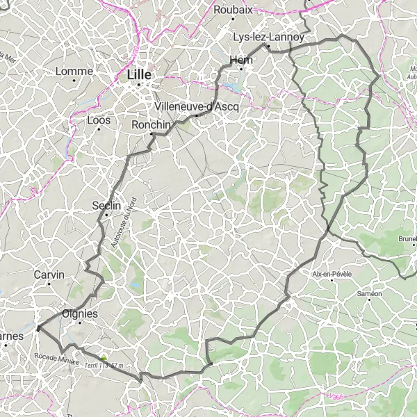 Map miniature of "The Coal Mining Circuit" cycling inspiration in Nord-Pas de Calais, France. Generated by Tarmacs.app cycling route planner