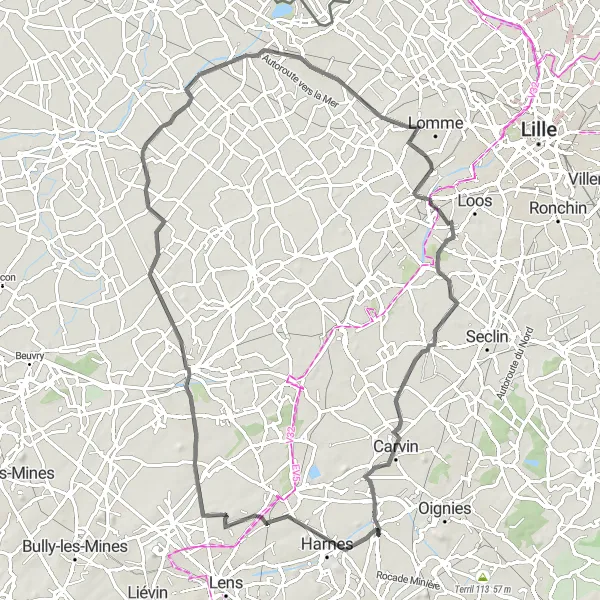 Map miniature of "The Gateways of Flanders" cycling inspiration in Nord-Pas de Calais, France. Generated by Tarmacs.app cycling route planner