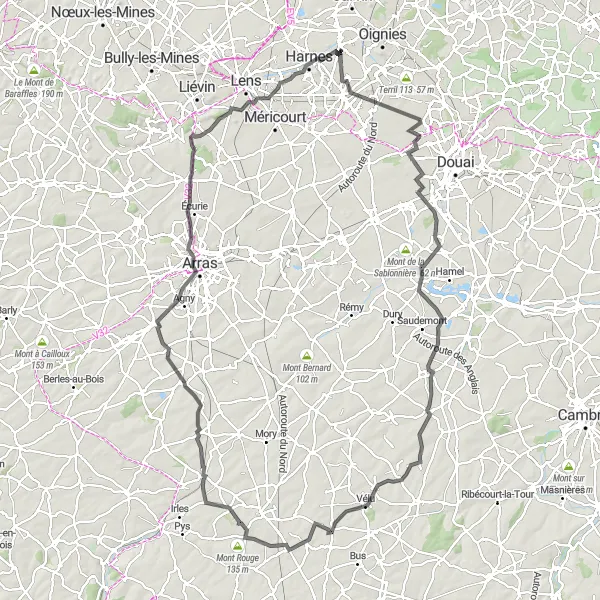Miniature de la carte de l'inspiration cycliste "Les Collines d'Arras" dans la Nord-Pas de Calais, France. Générée par le planificateur d'itinéraire cycliste Tarmacs.app