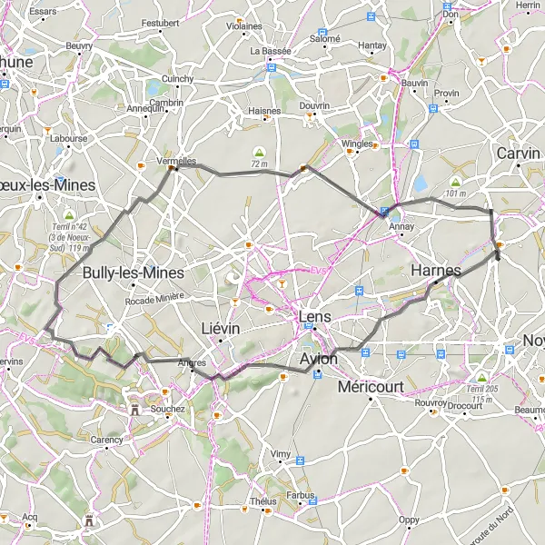 Miniature de la carte de l'inspiration cycliste "Les Chemins d'Angres" dans la Nord-Pas de Calais, France. Générée par le planificateur d'itinéraire cycliste Tarmacs.app