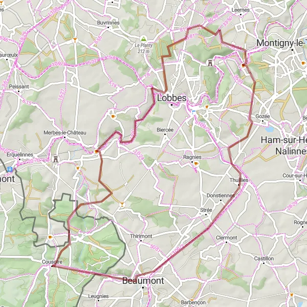 Map miniature of "Gravel Adventure: From Sars-la-Buissière to Beaumont" cycling inspiration in Nord-Pas de Calais, France. Generated by Tarmacs.app cycling route planner