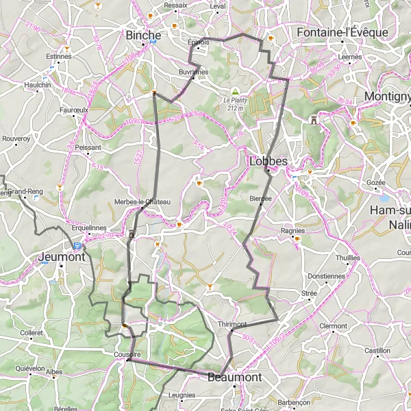 Map miniature of "Leisurely Road Loop: Merbes-le-Château to Beaumont" cycling inspiration in Nord-Pas de Calais, France. Generated by Tarmacs.app cycling route planner