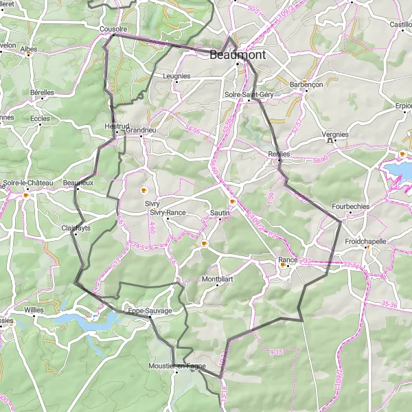 Map miniature of "Beaumont's Scenic Adventure" cycling inspiration in Nord-Pas de Calais, France. Generated by Tarmacs.app cycling route planner