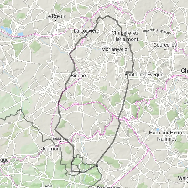 Miniature de la carte de l'inspiration cycliste "Les Collines du Hainaut" dans la Nord-Pas de Calais, France. Générée par le planificateur d'itinéraire cycliste Tarmacs.app