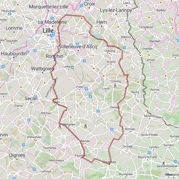 Miniature de la carte de l'inspiration cycliste "Les Chemins de Gravel autour de Lille" dans la Nord-Pas de Calais, France. Générée par le planificateur d'itinéraire cycliste Tarmacs.app