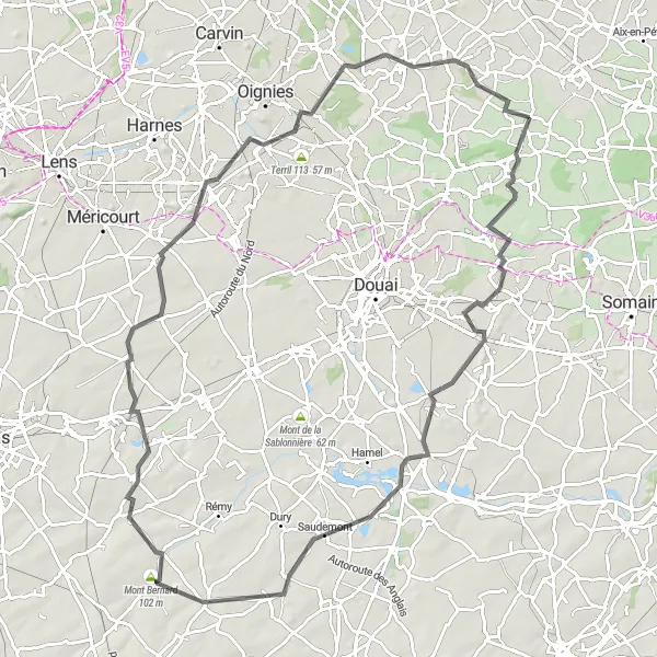 Map miniature of "The Hills of Coutiches" cycling inspiration in Nord-Pas de Calais, France. Generated by Tarmacs.app cycling route planner