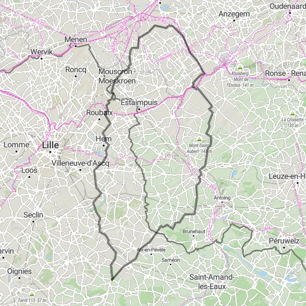 Map miniature of "Through Belgian countryside to Coutiches" cycling inspiration in Nord-Pas de Calais, France. Generated by Tarmacs.app cycling route planner
