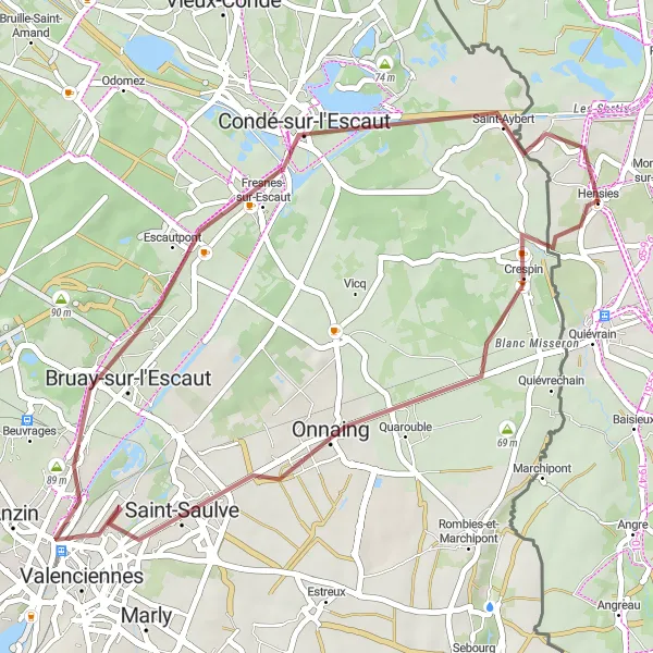Miniature de la carte de l'inspiration cycliste "Parcours Gravel à travers Valenciennes" dans la Nord-Pas de Calais, France. Générée par le planificateur d'itinéraire cycliste Tarmacs.app