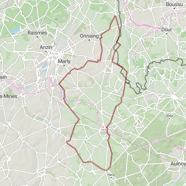 Miniature de la carte de l'inspiration cycliste "Boucle Gravel autour de Quiévrechain" dans la Nord-Pas de Calais, France. Générée par le planificateur d'itinéraire cycliste Tarmacs.app