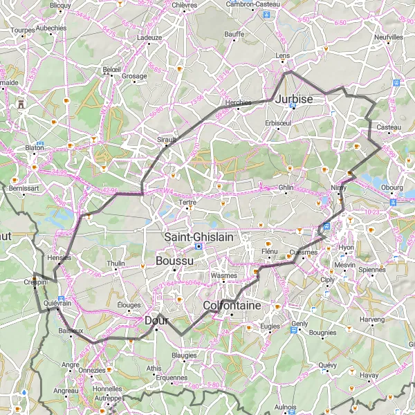 Map miniature of "The Belfries and Beffrois Road Cycling Tour" cycling inspiration in Nord-Pas de Calais, France. Generated by Tarmacs.app cycling route planner