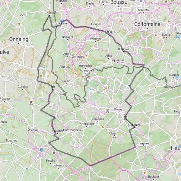 Miniature de la carte de l'inspiration cycliste "Tour des Villages autour de Quiévrain" dans la Nord-Pas de Calais, France. Générée par le planificateur d'itinéraire cycliste Tarmacs.app