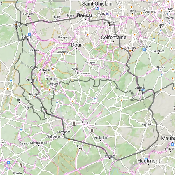 Miniature de la carte de l'inspiration cycliste "Exploration de Hensies à Quiévrechain" dans la Nord-Pas de Calais, France. Générée par le planificateur d'itinéraire cycliste Tarmacs.app