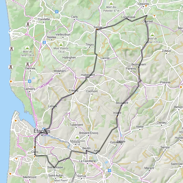 Map miniature of "The Coastal Challenge" cycling inspiration in Nord-Pas de Calais, France. Generated by Tarmacs.app cycling route planner
