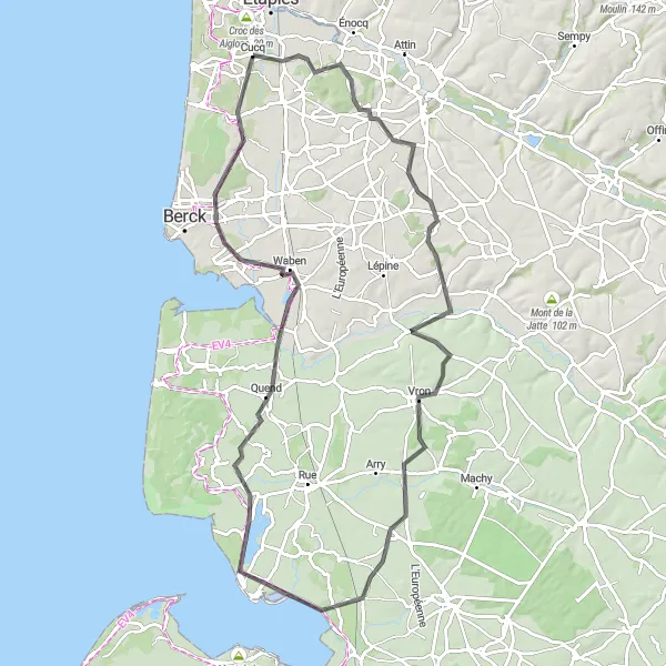 Map miniature of "The Coastal Escape" cycling inspiration in Nord-Pas de Calais, France. Generated by Tarmacs.app cycling route planner