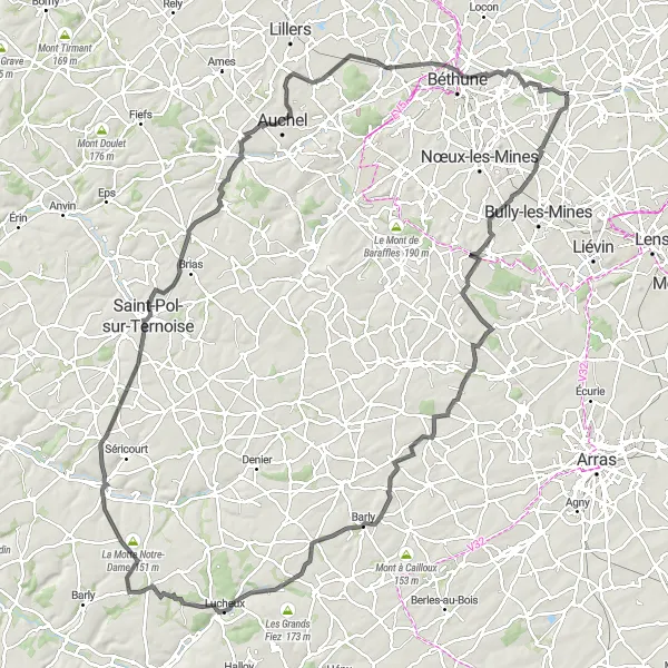 Map miniature of "Cuinchy to Beuvry Road Ride" cycling inspiration in Nord-Pas de Calais, France. Generated by Tarmacs.app cycling route planner