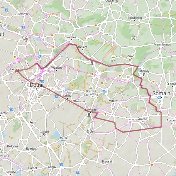Miniature de la carte de l'inspiration cycliste "Parcours gravel autour de Cuincy" dans la Nord-Pas de Calais, France. Générée par le planificateur d'itinéraire cycliste Tarmacs.app