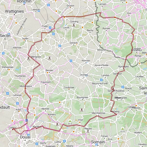 Map miniature of "Moncheaux loop" cycling inspiration in Nord-Pas de Calais, France. Generated by Tarmacs.app cycling route planner