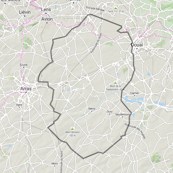 Map miniature of "Gouy-sous-Bellonne road tour" cycling inspiration in Nord-Pas de Calais, France. Generated by Tarmacs.app cycling route planner