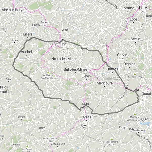 Miniature de la carte de l'inspiration cycliste "Parcours des Montagnes" dans la Nord-Pas de Calais, France. Générée par le planificateur d'itinéraire cycliste Tarmacs.app