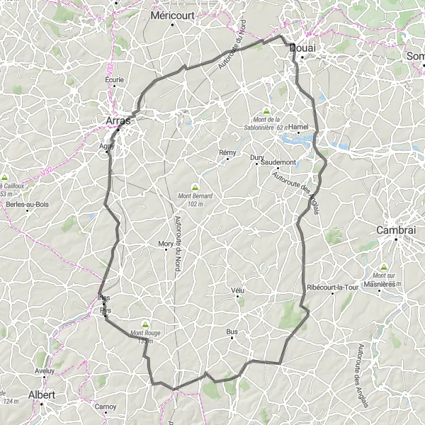 Map miniature of "Cuincy to Mont Dizeau Loop" cycling inspiration in Nord-Pas de Calais, France. Generated by Tarmacs.app cycling route planner
