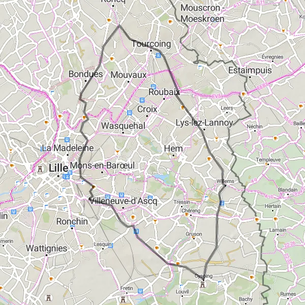 Map miniature of "Battlefields and Beyond" cycling inspiration in Nord-Pas de Calais, France. Generated by Tarmacs.app cycling route planner