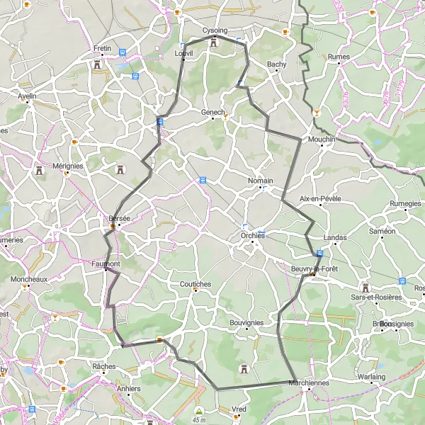 Miniature de la carte de l'inspiration cycliste "Route des Campagnes Apaisantes" dans la Nord-Pas de Calais, France. Générée par le planificateur d'itinéraire cycliste Tarmacs.app