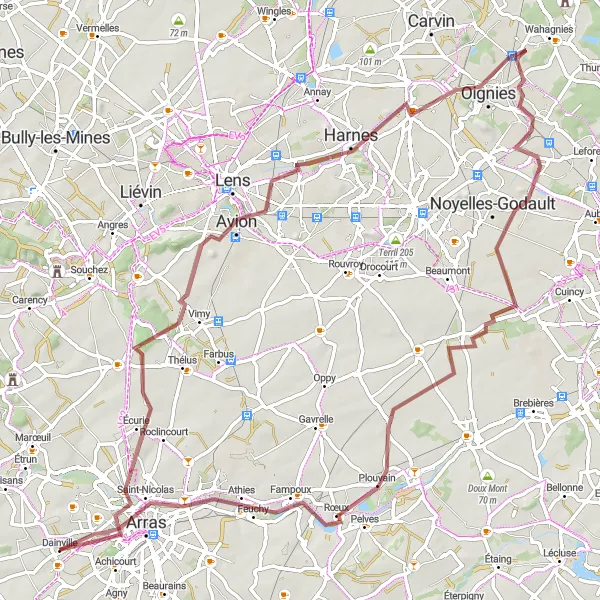Miniature de la carte de l'inspiration cycliste "Scenic Gravel Tour of Arras" dans la Nord-Pas de Calais, France. Générée par le planificateur d'itinéraire cycliste Tarmacs.app