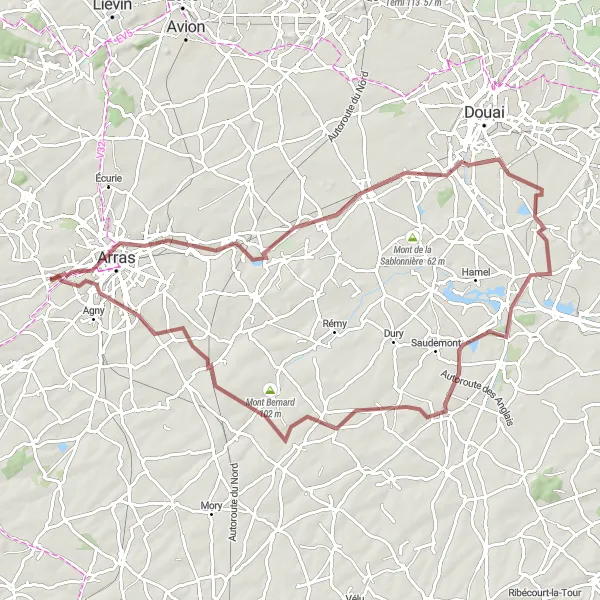 Miniature de la carte de l'inspiration cycliste "Parcours Dainville - Beaurains" dans la Nord-Pas de Calais, France. Générée par le planificateur d'itinéraire cycliste Tarmacs.app