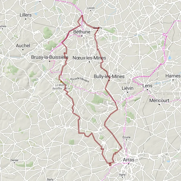 Miniature de la carte de l'inspiration cycliste "Gravel Adventure to Mont Saint-Vaast" dans la Nord-Pas de Calais, France. Générée par le planificateur d'itinéraire cycliste Tarmacs.app