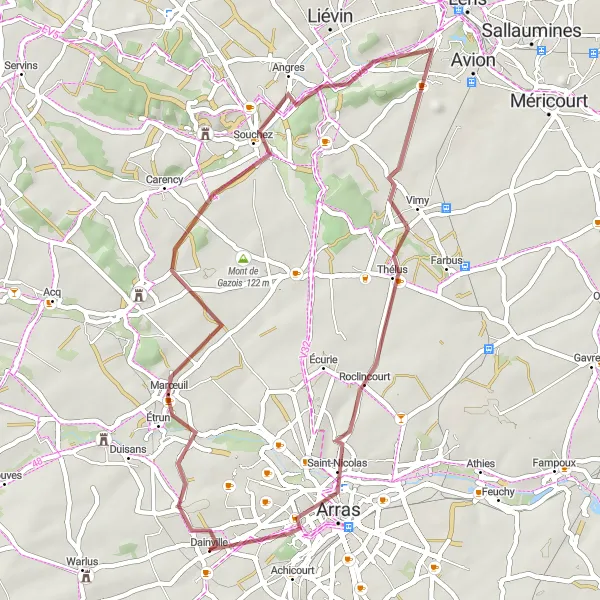 Map miniature of "The Gravel Loop: Dainville and Beyond" cycling inspiration in Nord-Pas de Calais, France. Generated by Tarmacs.app cycling route planner