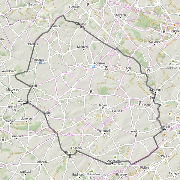 Miniature de la carte de l'inspiration cycliste "Countryside Road Cycling Adventure" dans la Nord-Pas de Calais, France. Générée par le planificateur d'itinéraire cycliste Tarmacs.app