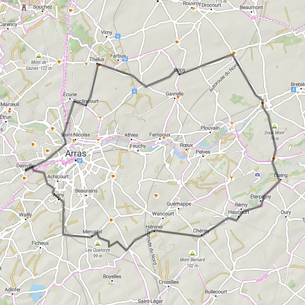 Miniature de la carte de l'inspiration cycliste "Tour des Collines et des Villages" dans la Nord-Pas de Calais, France. Générée par le planificateur d'itinéraire cycliste Tarmacs.app