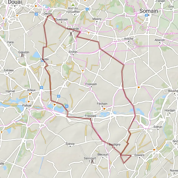 Map miniature of "Rural Gravel Route and Historical Landmarks" cycling inspiration in Nord-Pas de Calais, France. Generated by Tarmacs.app cycling route planner