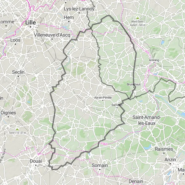 Miniature de la carte de l'inspiration cycliste "La Boucle des Vallées" dans la Nord-Pas de Calais, France. Générée par le planificateur d'itinéraire cycliste Tarmacs.app