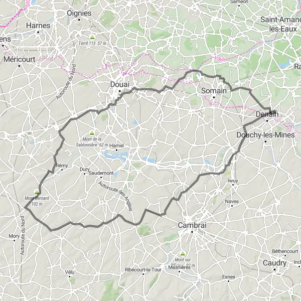 Map miniature of "Adventure through Countryside and Hills" cycling inspiration in Nord-Pas de Calais, France. Generated by Tarmacs.app cycling route planner