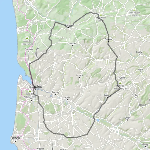 Map miniature of "Scenic road cycling route from Desvres" cycling inspiration in Nord-Pas de Calais, France. Generated by Tarmacs.app cycling route planner