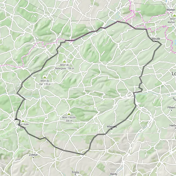 Map miniature of "Desvres and Surroundings" cycling inspiration in Nord-Pas de Calais, France. Generated by Tarmacs.app cycling route planner